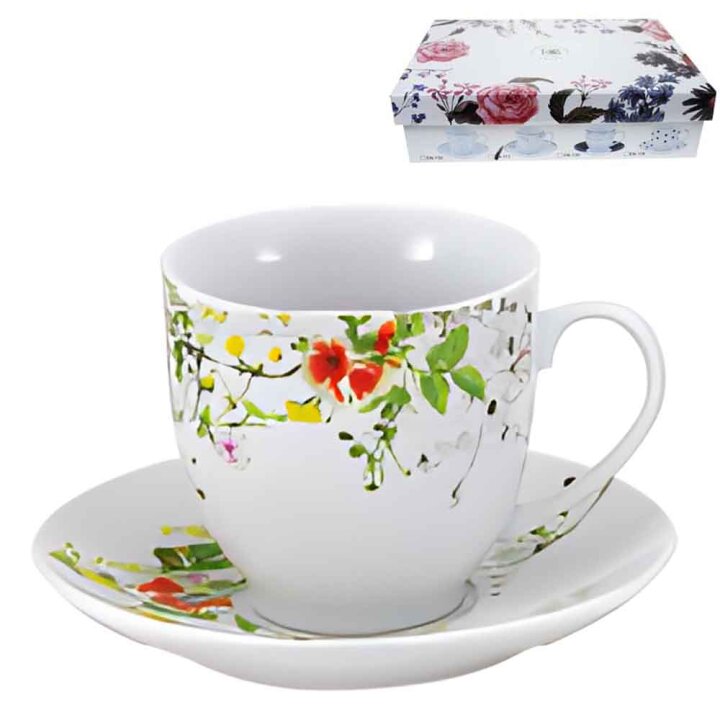 ŠALICE ZA KAVU 6/1 PORCULAN 180 ML - CVJETNI DEKOR S LISTIĆIMA