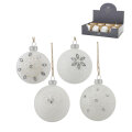 KUGLA STAKLENA ZA BOR 8 cm BIJELO-SREBRNA S GLITER ORNAMENTOM