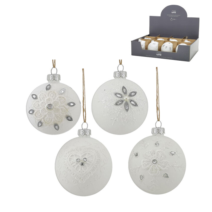 KUGLA STAKLENA ZA BOR 8 cm BIJELO-SREBRNA S GLITER ORNAMENTOM