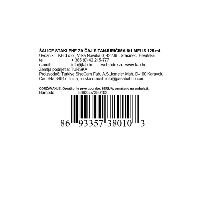 ŠALICE STAKLENE ZA ČAJ 6/1 MELIS 125 mL