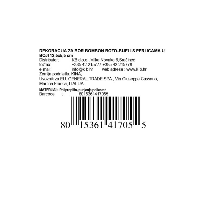 DEKORACIJA ZA BOR BOMBON ROZO-BIJELI S PERLICAMA U BOJI 12,5x5,5 cm