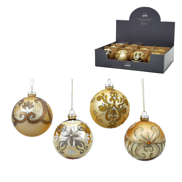 KUGLA STAKLENA ZA BOR 8 cm ZLATNO-SREBRNA S GLITER ORNAMENTOM