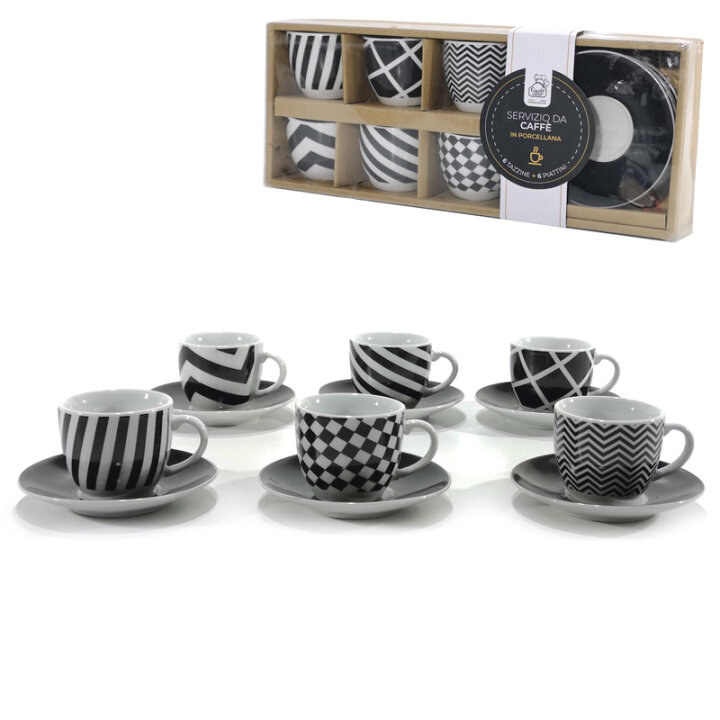 ŠALICE ZA KAVU ESPRESSO S TANJURIĆIMA 6/1 PORCULAN 90 mL - CRNO-BIJELI AB KLASA