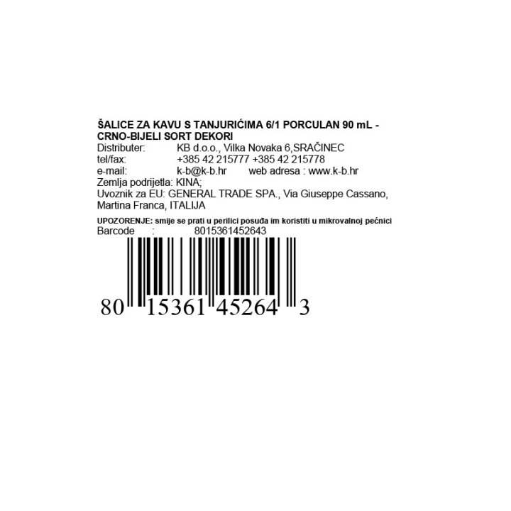 ŠALICE ZA KAVU ESPRESSO S TANJURIĆIMA 6/1 PORCULAN 90 mL - CRNO-BIJELI AB KLASA