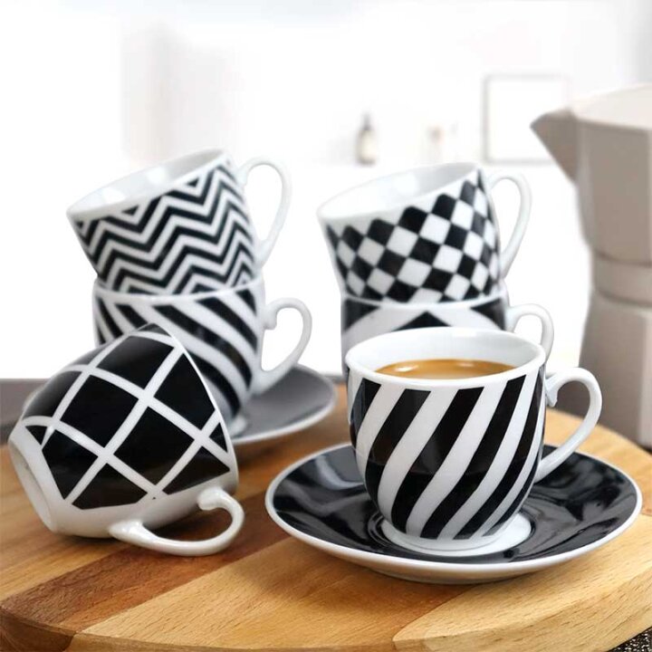 ŠALICE ZA KAVU ESPRESSO S TANJURIĆIMA 6/1 PORCULAN 90 mL - CRNO-BIJELI AB KLASA