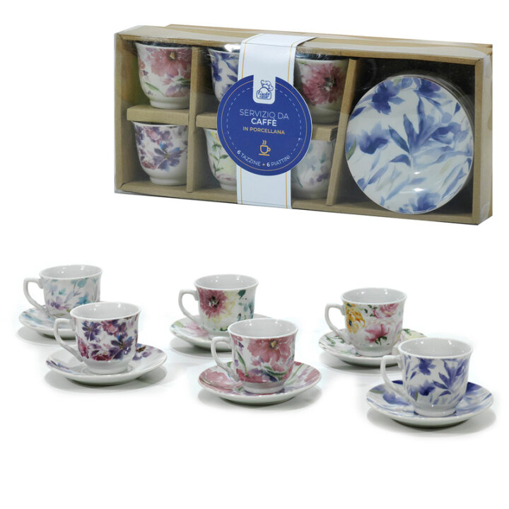ŠALICE ZA KAVU S TANJURIĆIMA 6/1 PORCULAN 90 mL - CVJETNI AB RAZRED