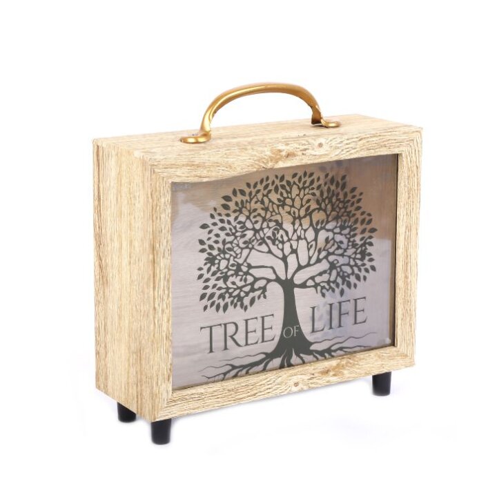 KASICA DRVENA SA STAKLENIM POKLOPCEM - TREE OF LIFE 21x20 cm