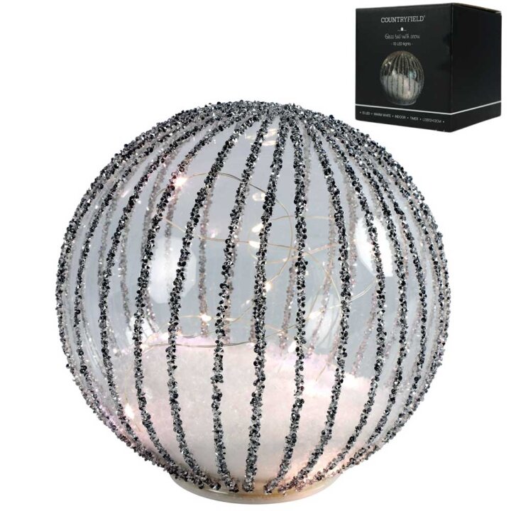 KUGLA S LED SVJETLIMA NA BATERIJE - CRNO-SREBRNE GLITER LINIJE 18 cm