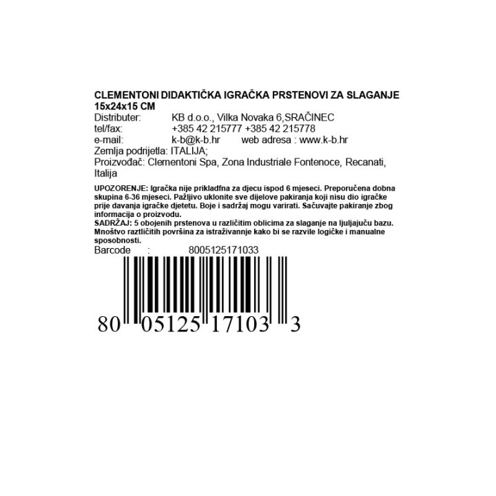 CLEMENTONI DIDAKTIČKA IGRAČKA PRSTENOVI ZA SLAGANJE 15x24x15 CM