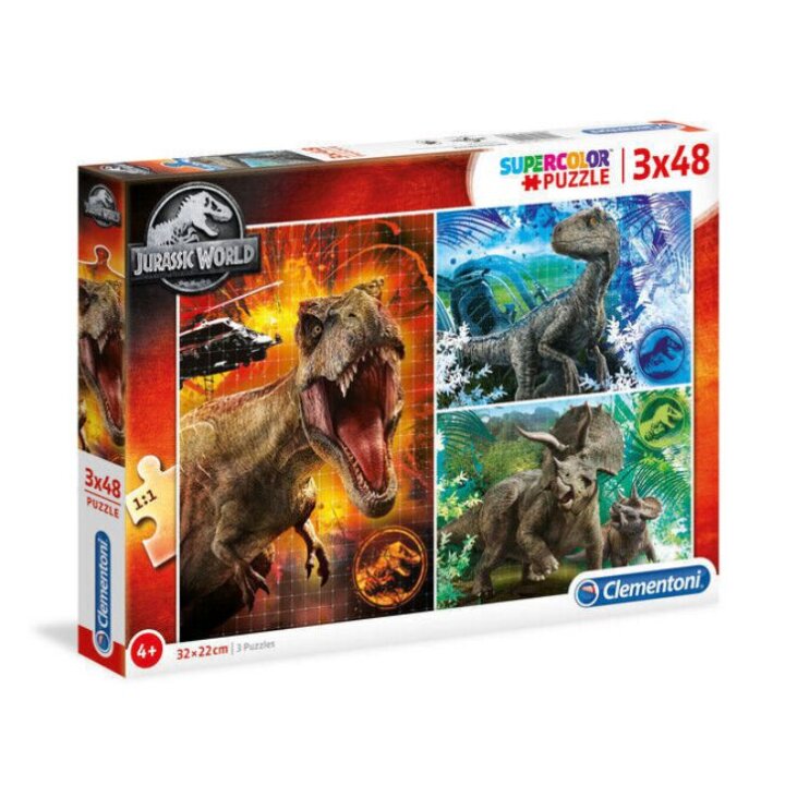 PUZZLE 3x48 DIJELNE JURASSIC WORLD - SUPER COLOR - CLEMENTONI 32x22 CM