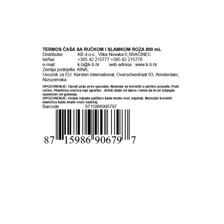 TERMOS ČAŠA SA RUČKOM I SLAMKOM ROZA 800 mL