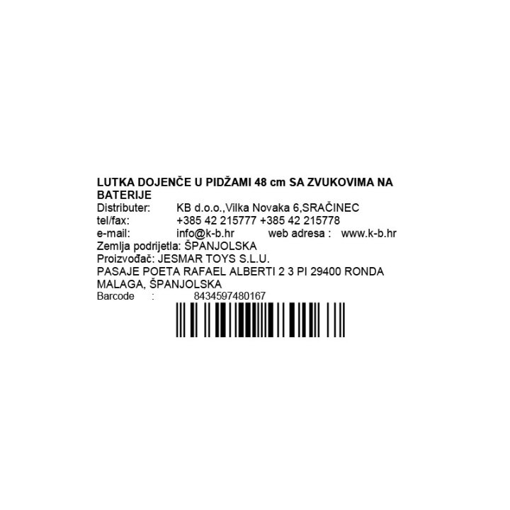 LUTKA DOJENČE U PIDŽAMI 48 cm SA ZVUKOVIMA NA BATERIJE