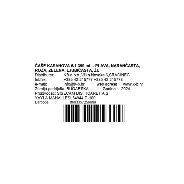 ČAŠE KASANOVA 6/1 350 mL - PLAVA, NARANČASTA, ROZA, ZELENA, LJUBIČASTA, ŽUTA