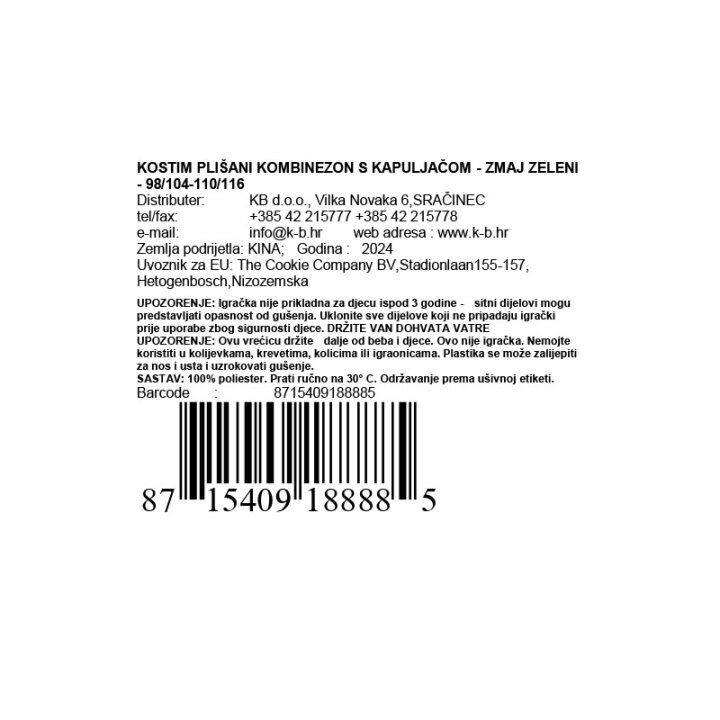 KOSTIM PLIŠANI KOMBINEZON S KAPULJAČOM - ZMAJ ZELENI 110/116