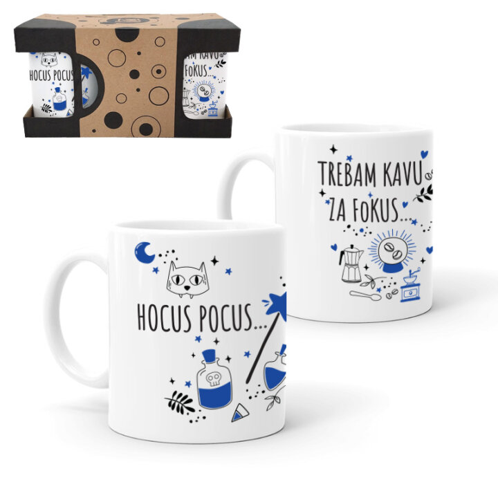 SET ŠALICE KERAMIČKE S TISKOM U POKLON KUTIJI 2/1 BIJELA-Hocus pocus trebam kavu