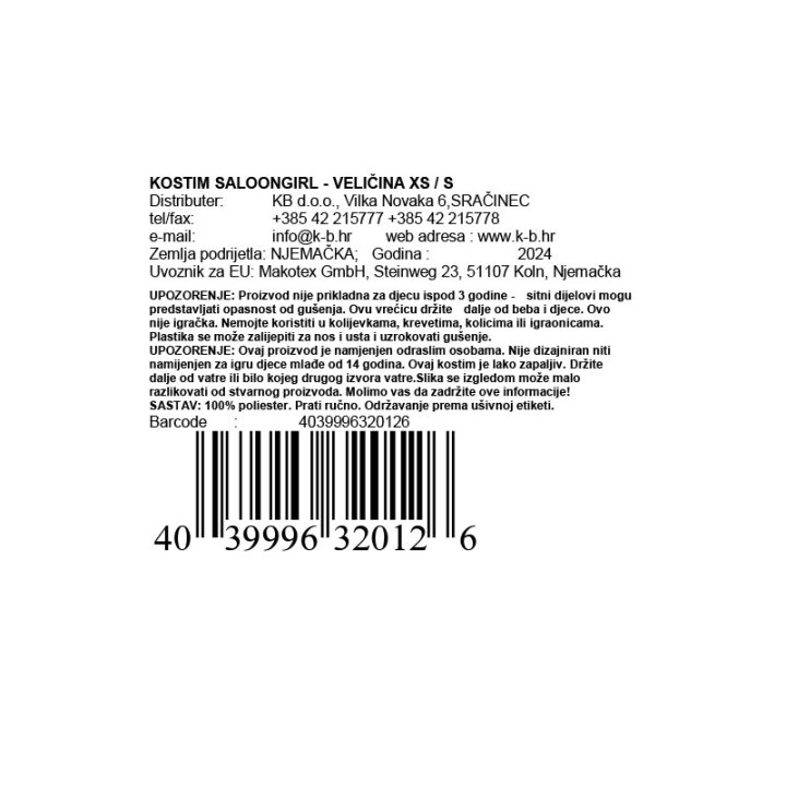 KOSTIM SALOONGIRL - VELIČINA XS / S