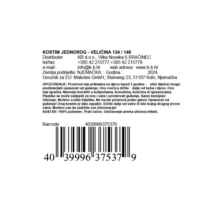 KOSTIM JEDNOROG - VELIČINA 134 / 146