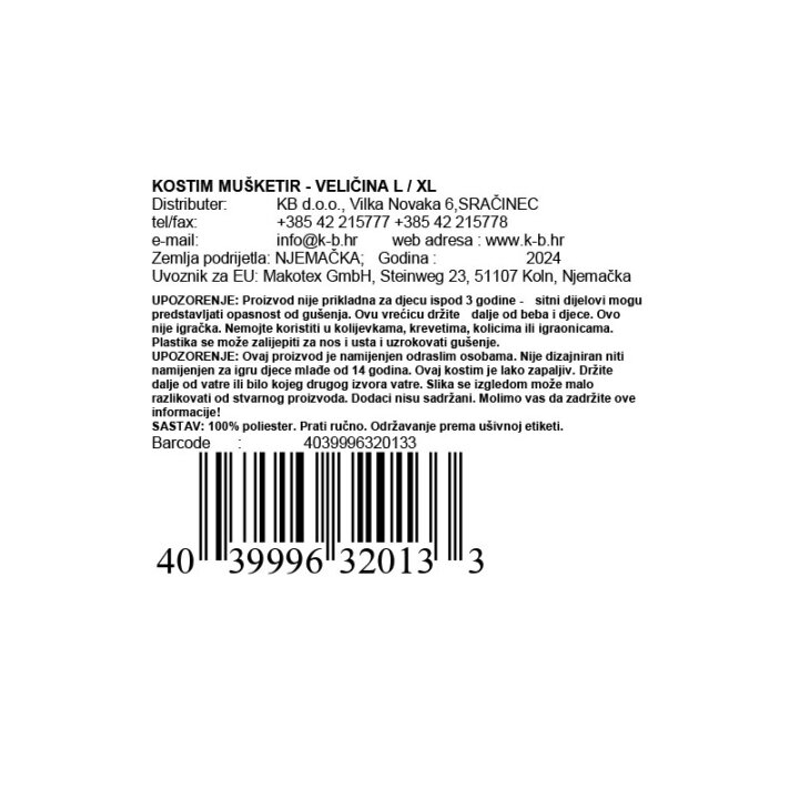 KOSTIM MUŠKETIR - VELIČINA L / XL