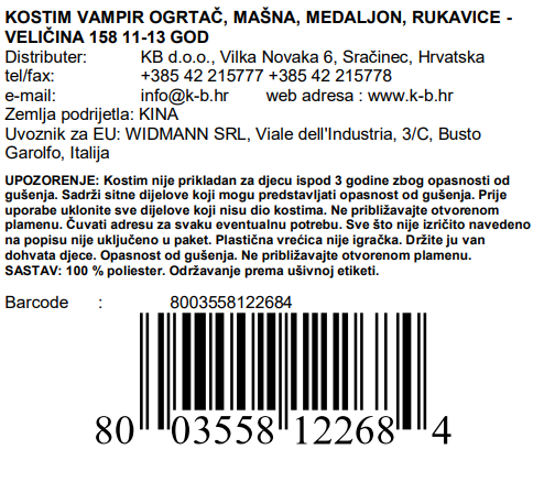 KOSTIM VAMPIR OGRTAČ, MAŠNA, MEDALJON, RUKAVICE - VELIČINA 158 11-13 GOD