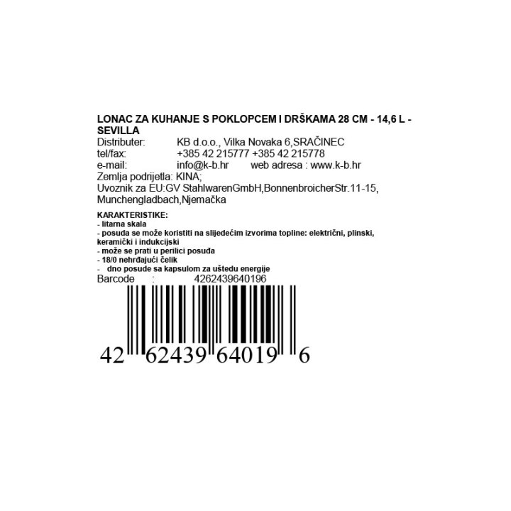 LONAC ZA KUHANJE S POKLOPCEM I DRŠKAMA 28 CM - 13,5 L - SEVILLA INDUKCIJA