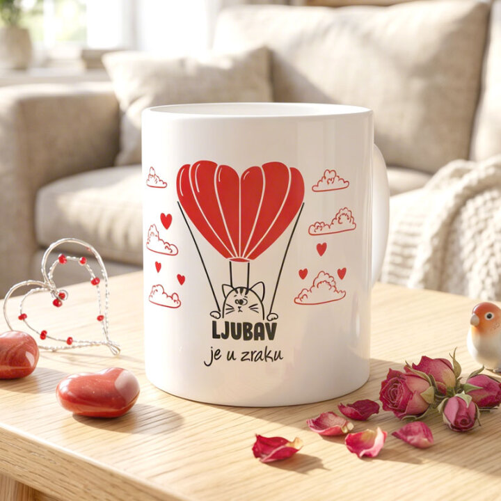 ŠALICA KERAMIČKA S TISKOM BIJELA U POKLON KUTIJI 300 ml - Ljubav je u zraku