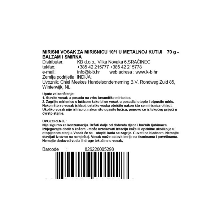 MIRISNI VOSAK ZA MIRISNICU 10/1 U METALNOJ KUTIJI  70 g - BALZAM I SMIRNA