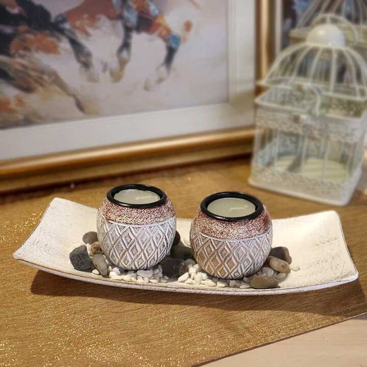 SVIJEĆNJACI KERAMIČKI ZA LUĆICE 2/1 NA PODLOŽNOJ TACNI 26x10 cm