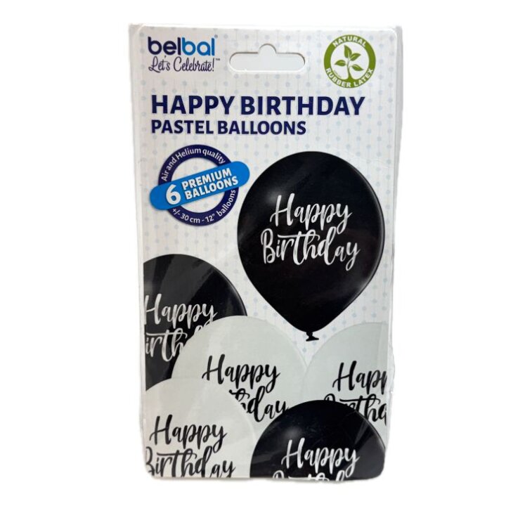 BALONI 6/1 - HAPPY BITHDAY - CRNI / BIJELI 30 cm