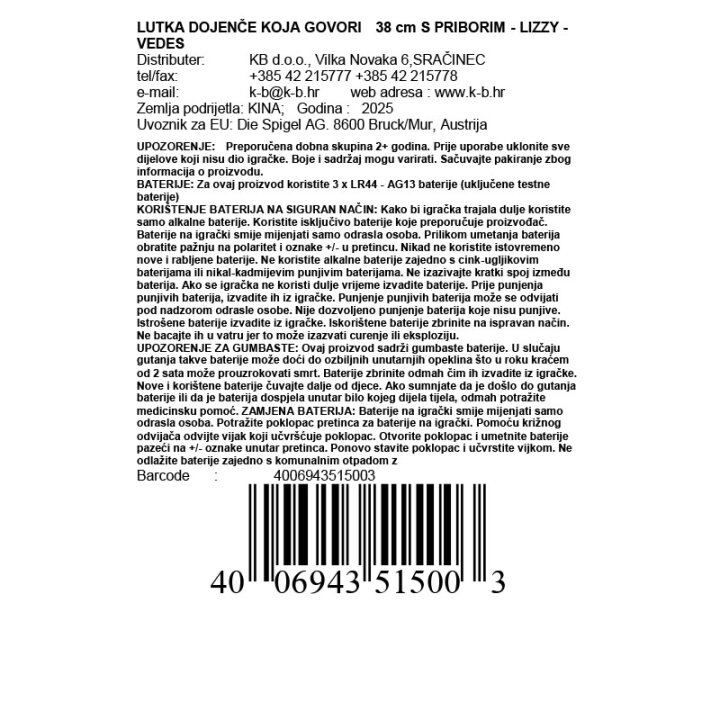 LUTKA DOJENČE KOJA GOVORI 38 cm - LIZZY - VEDES