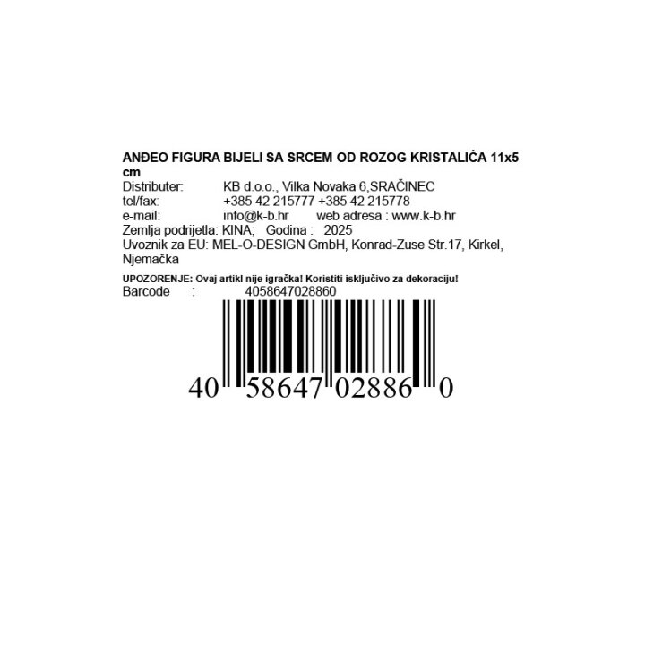 ANĐEO FIGURA BIJELI SA SRCEM OD ROZOG KRISTALIĆA 11x5 cm