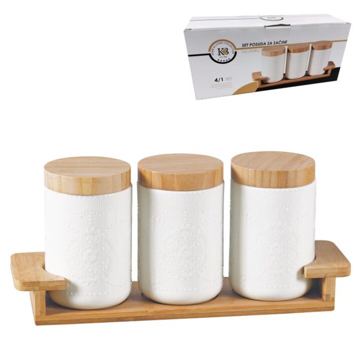 POSUDE ZA ZAČINE 3/1 PORCULANSKE 500 ml NA DRVENOM STALKU 33,5x9,8x14,5 cm