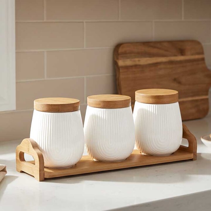 POSUDE ZA ZAČINE 3/1 PORCULANSKE NA DRVENOM STALKU LINEA 36x10,2x14 cm