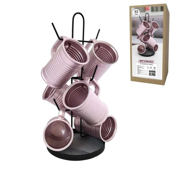 SET 6 ŠALICA 330 ml STAKLENA NA METALNOM STALKU 37,5 cm ROZA BOJA
