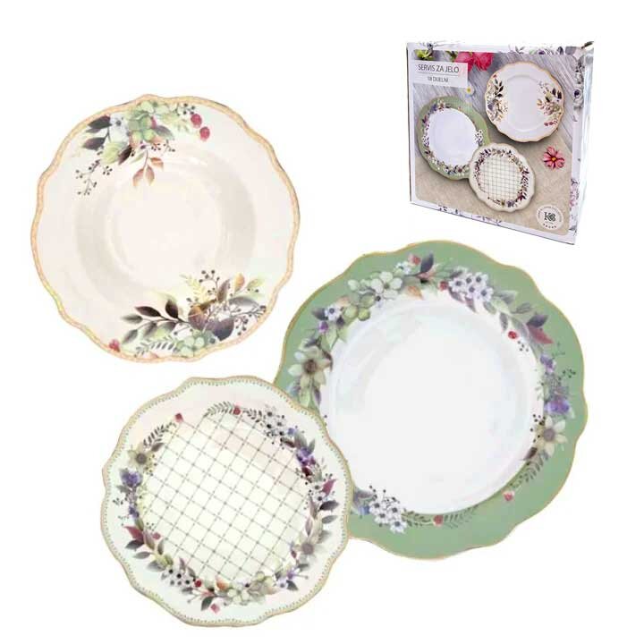 SERVIS ZA JELO 18 DIJELNI NEW BONE FLORA LUX DEKORIRANI - VALOVITI RUB
