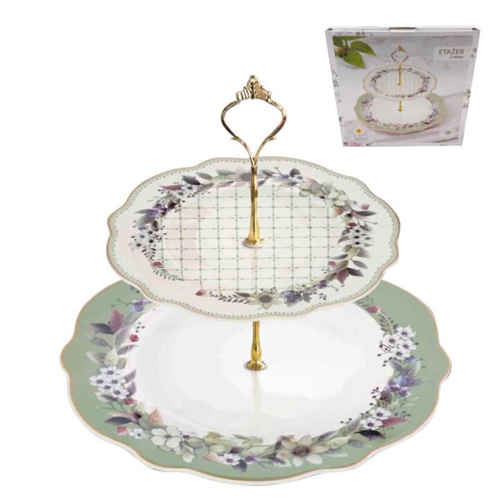 ETAŽER 2 NIVOA NEW BONE FLORA LUX DEKORIRANI 26,5 CM - VALOVITI RUB