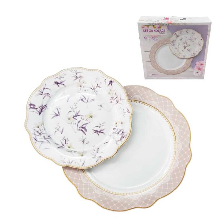 SET ZA KOLAČE 7 DIJELNI NEW BONE ELEGANZA DEKORIRANI - VALOVITI RUB