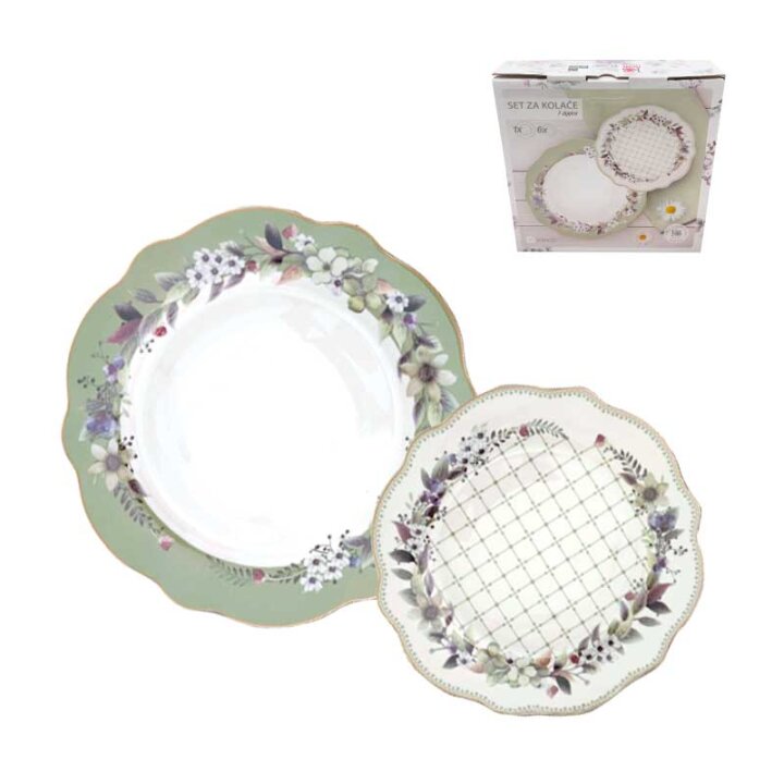 SET ZA KOLAČE 7 DIJELNI NEW BONE FLORA LUX DEKORIRANI - VALOVITI RUB