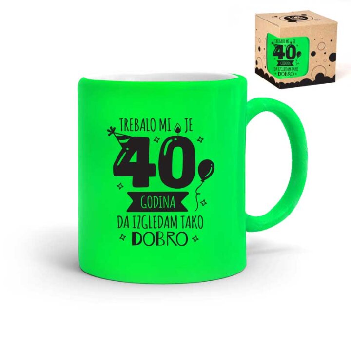 ŠALICA KERAMIČKA S TISKOM U POKLON KUTIJI NEON ZELENA - 40 godina