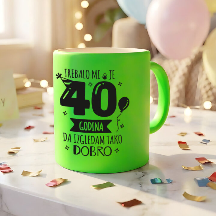 ŠALICA KERAMIČKA S TISKOM U POKLON KUTIJI NEON ZELENA - 40 godina
