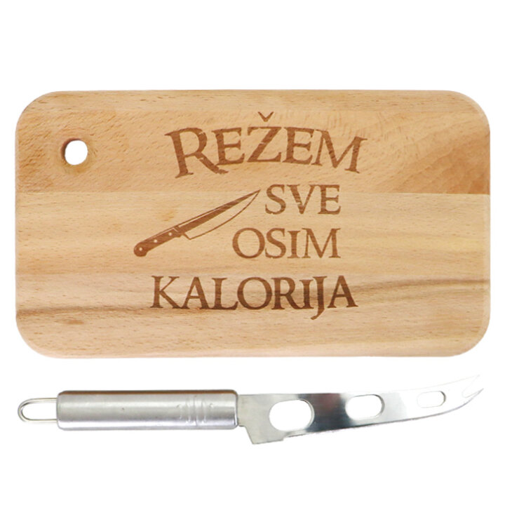DASKA DRVENA GRAVIRANI NATPIS Režem sve osim kalorija SA NOŽEM ZA SIR