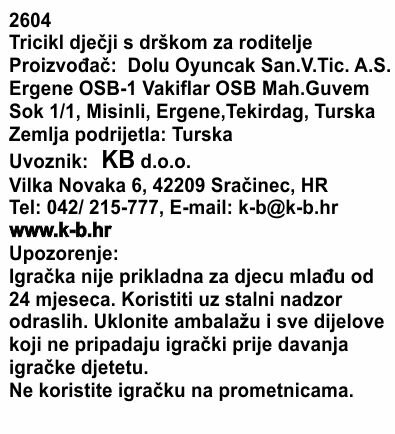 TRICIKL DJEČJI S DRŠKOM 70x70x46 cm