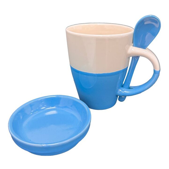 ŠALICA KERAMIČKA 10,5 cm BIJELO-PLAVA S POKLOPCEM I ŽLIČICOM 300 mL