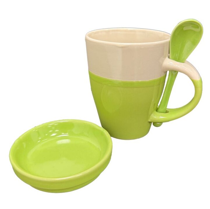ŠALICA KERAMIČKA 10,5 cm BIJELO-ZELENA S POKLOPCEM I ŽLIČICOM 300 mL