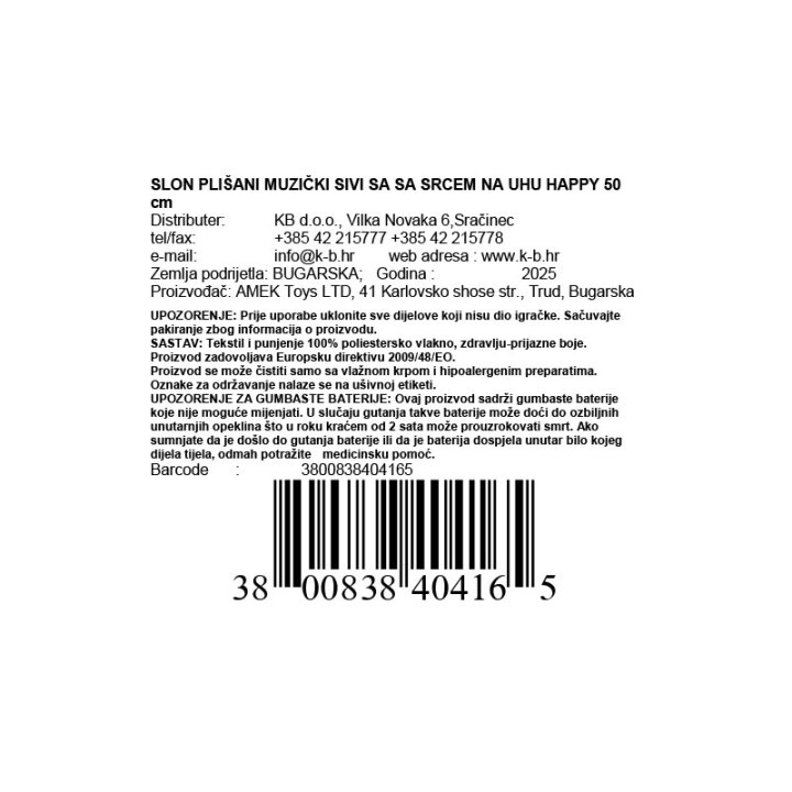 SLON PLIŠANI GLAZBENI SIVI SA SRCEM NA UHU HAPPY 50 cm