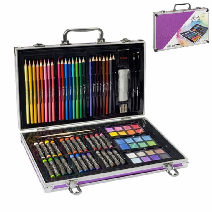 PRIBOR ZA CRTANJE 79 DIJELNI U ROZA METALNOJ KUTIJI 36x32 cm