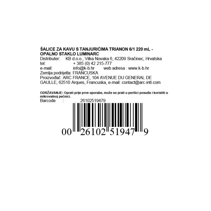 ŠALICE ZA KAVU TRIANON 6/1 220 mL - OPALNO STAKLO LUMINARC