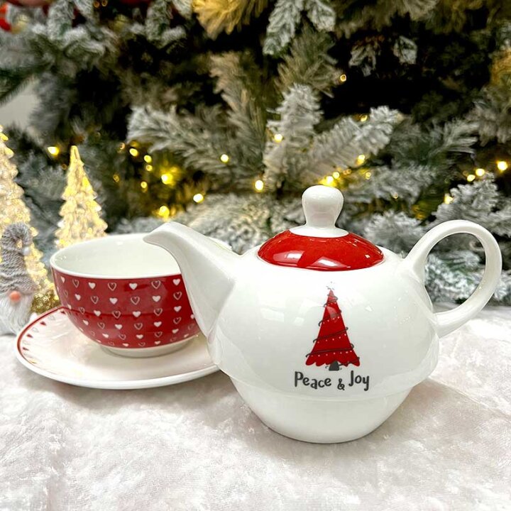 ČAJNIK SA ŠALICOM I TANJURIĆEM PORCULAN - BOŽIĆNI DEKOR - PEACE & JOY