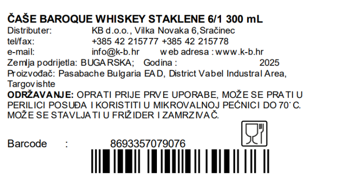 ČAŠE BAROQUE WHISKEY STAKLENE 6/1 300 mL