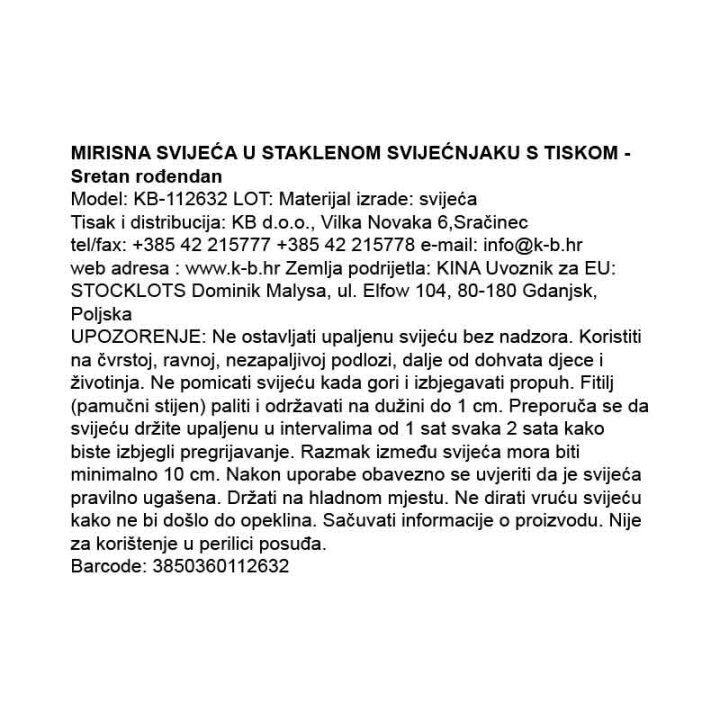MIRISNA SVIJEĆA U STAKLENOM SVIJEĆNJAKU S TISKOM -  Sretan rođendan