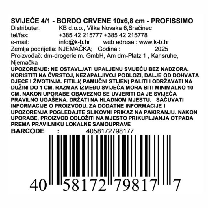 SVIJEĆE 4/1 - BORDO CRVENE 10x6,8 cm - PROFISSIMO